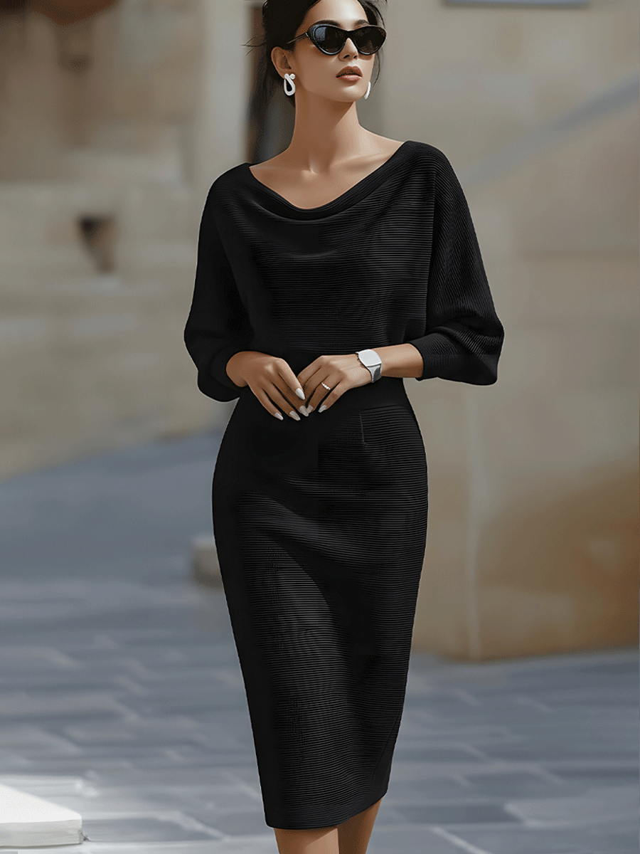 Women's Fitted Midi Dress With A Draped Neckline And Batwing Sleeves – An Elegant Dress For Parties, Evening Wear, And Special Occasions
