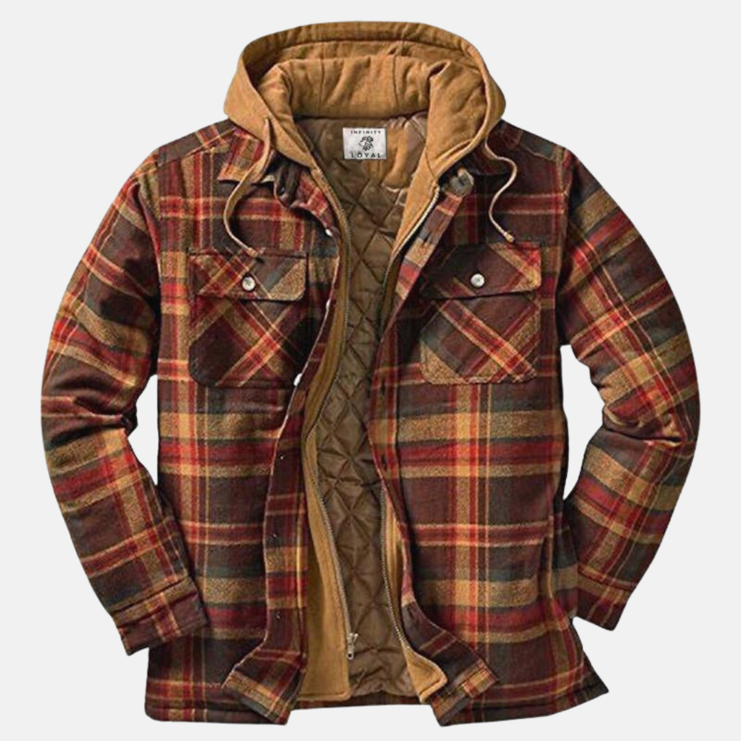 Men's Warm Hooded Overshirt Jacket With A Print And Quilted Design—practical Outerwear For Outdoor Use And Casual Everyday Style