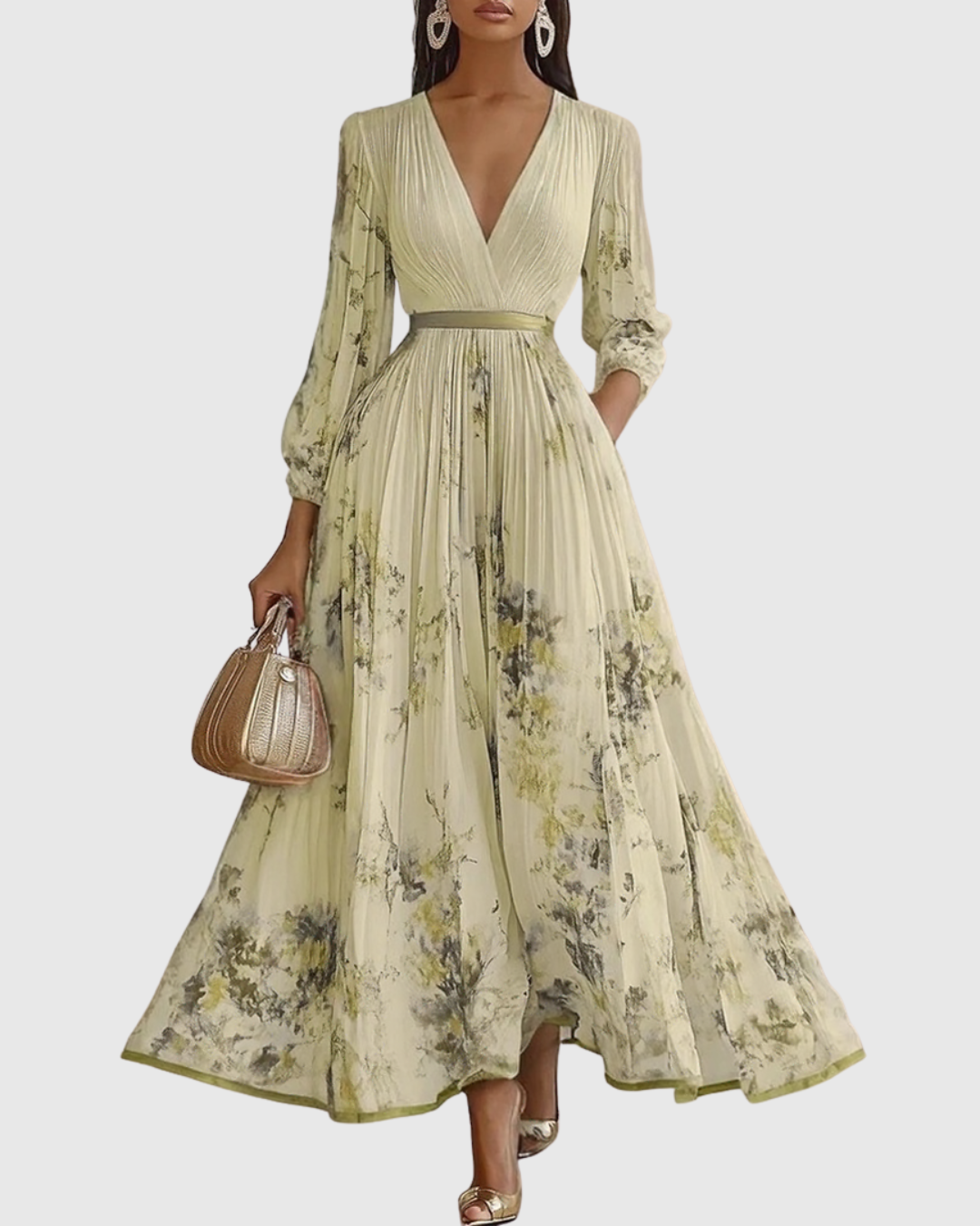 Women's Pleated Maxi Dress With A Deep V-neck And Print – An Elegant Dress For Parties, Weddings, And Special Occasions