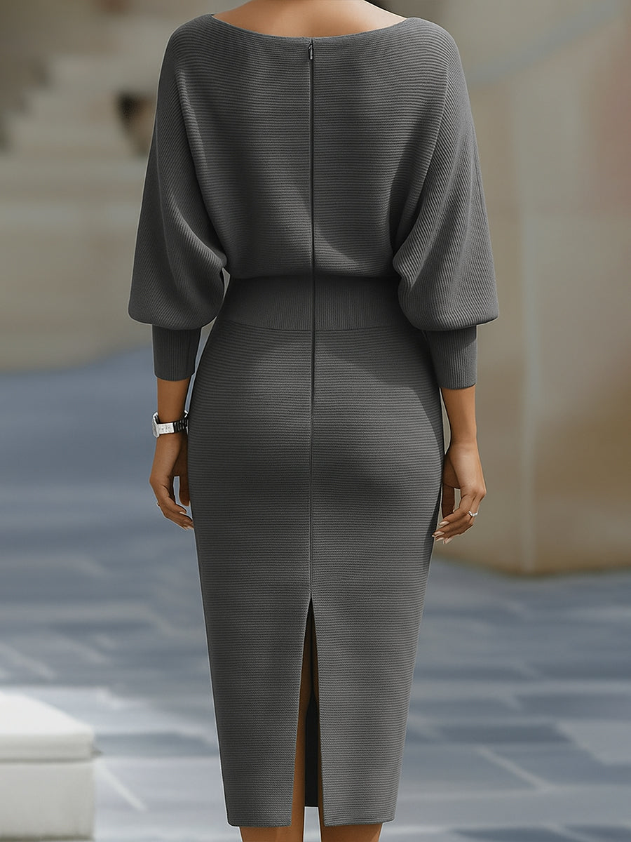 Women's Fitted Midi Dress With A Draped Neckline And Batwing Sleeves – An Elegant Dress For Parties, Evening Wear, And Special Occasions