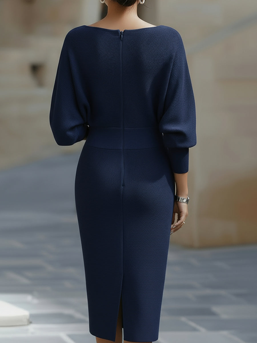 Women's Fitted Midi Dress With A Draped Neckline And Batwing Sleeves – An Elegant Dress For Parties, Evening Wear, And Special Occasions