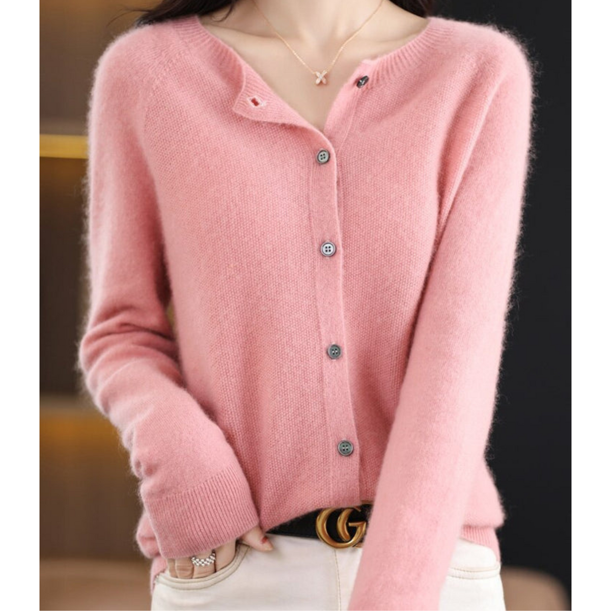 Women's Merino Wool and Cashmere Cardigan - Elegant O-Neck Winter Knit Layering Cardigan