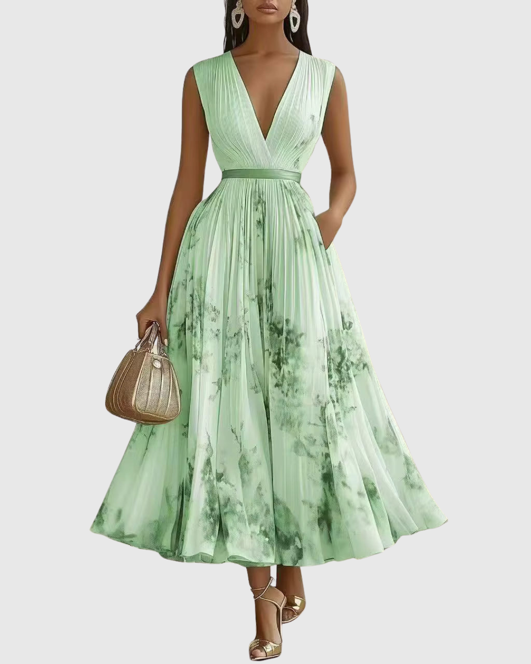 Women's Pleated Maxi Dress With A Deep V-neck And Print – An Elegant Dress For Parties, Weddings, And Special Occasions