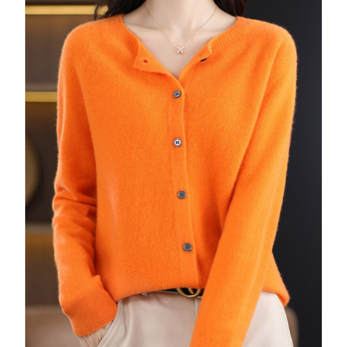 Women's Merino Wool and Cashmere Cardigan - Elegant O-Neck Winter Knit Layering Cardigan