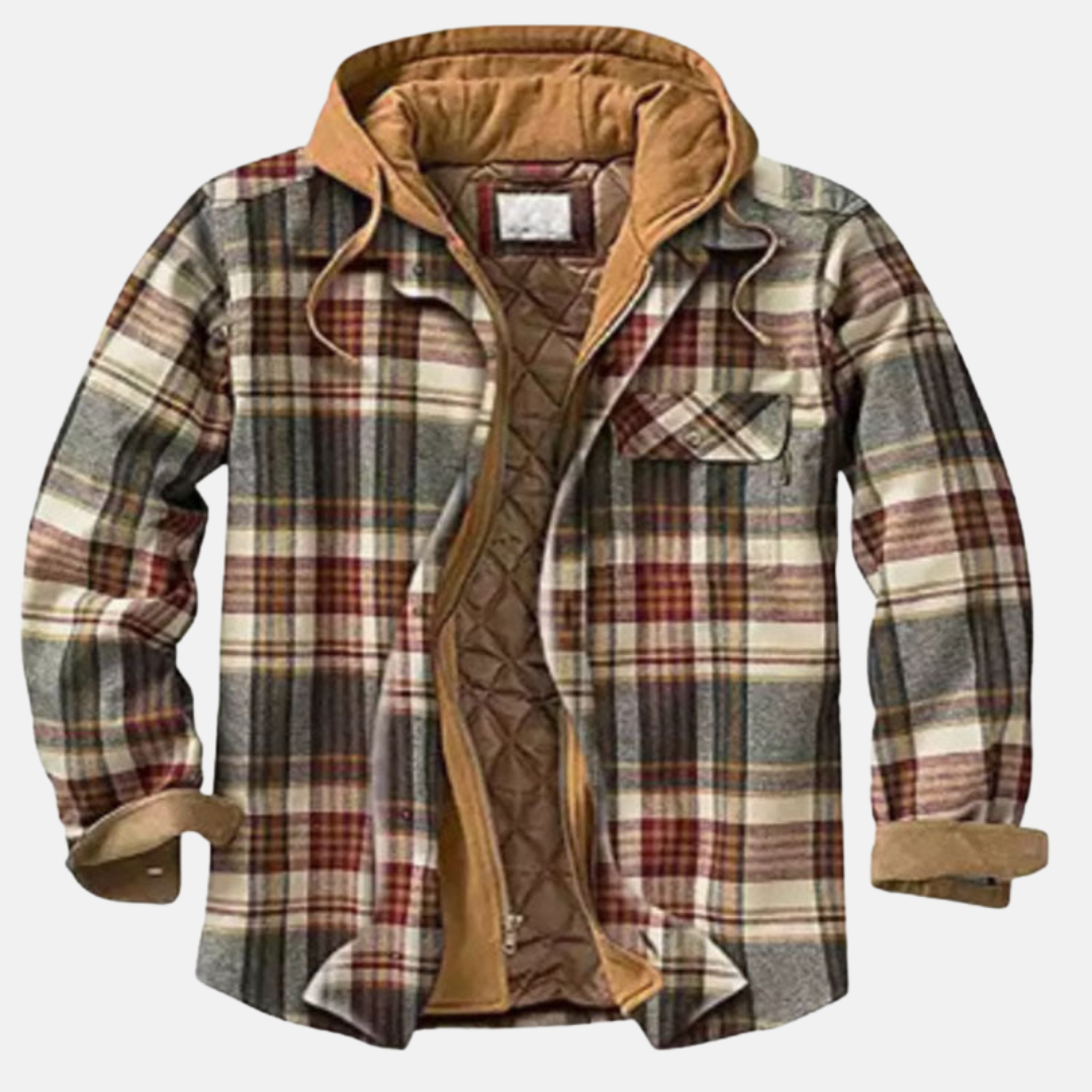 Men's Warm Hooded Overshirt Jacket With A Print And Quilted Design—practical Outerwear For Outdoor Use And Casual Everyday Style