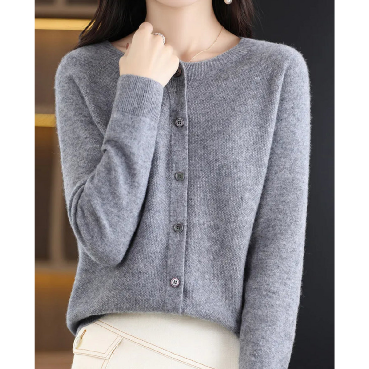 Women's Merino Wool and Cashmere Cardigan - Elegant O-Neck Winter Knit Layering Cardigan