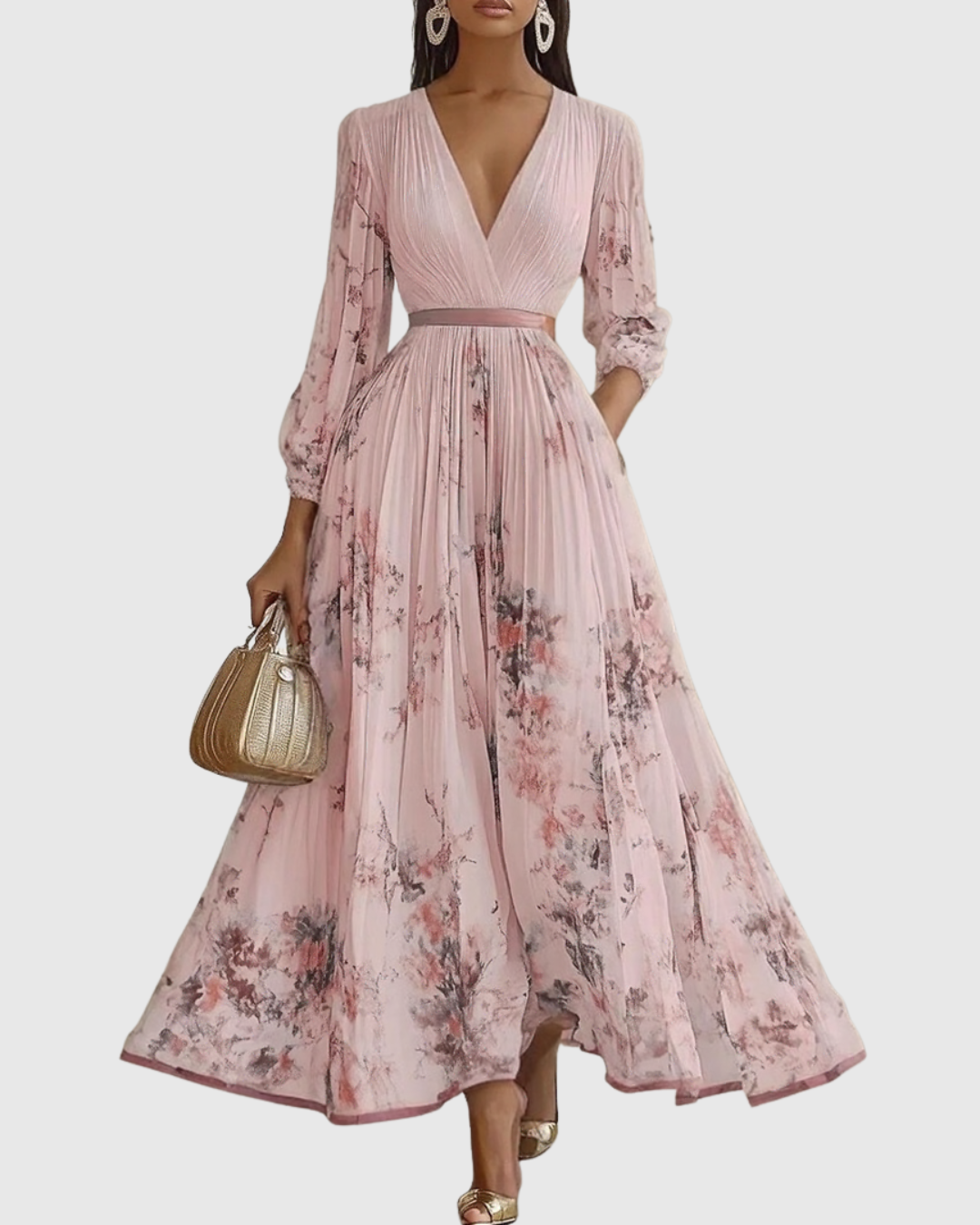Women's Pleated Maxi Dress With A Deep V-neck And Print – An Elegant Dress For Parties, Weddings, And Special Occasions