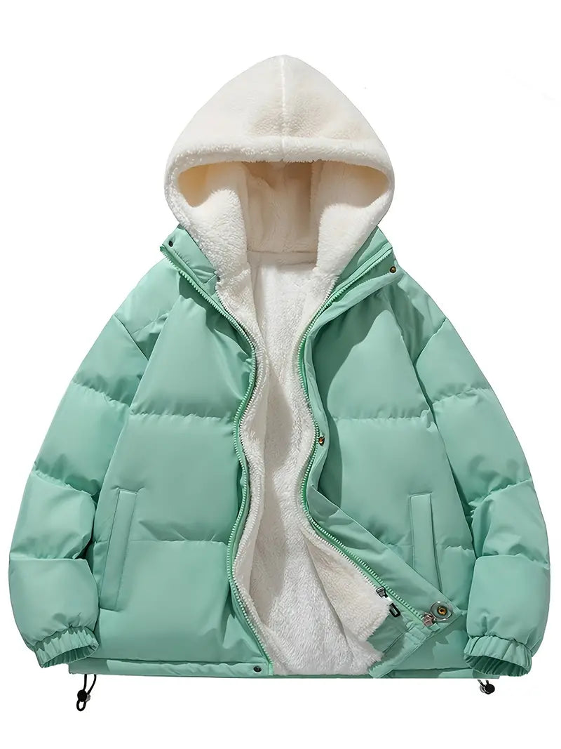 Women's Sherpa-lined Puffer Jacket With A Hood, Zipper Closure, And Adjustable Hem – Warm Winter Outerwear For Cold Days, Everyday Wear, And Outdoor Activities