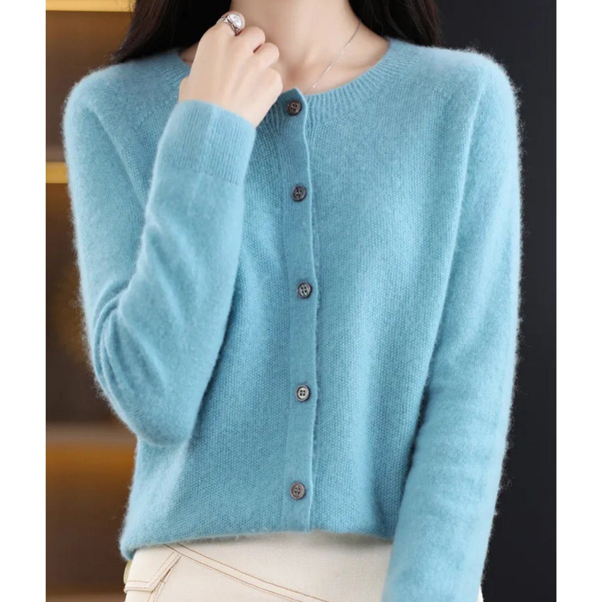 Women's Merino Wool and Cashmere Cardigan - Elegant O-Neck Winter Knit Layering Cardigan