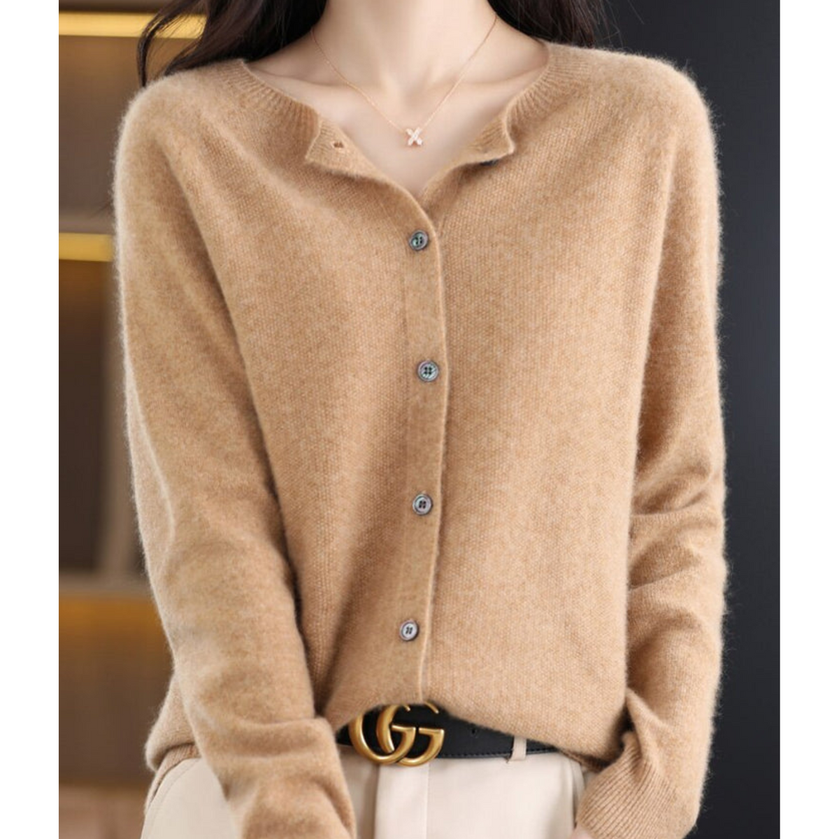 Women's Merino Wool and Cashmere Cardigan - Elegant O-Neck Winter Knit Layering Cardigan