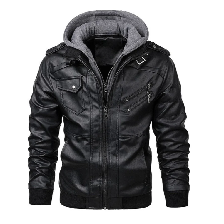 Men's Faux-leather Utility Jacket With A Hood And Multiple Pockets—practical Outerwear For Everyday Use And Casual Outdoor Activities