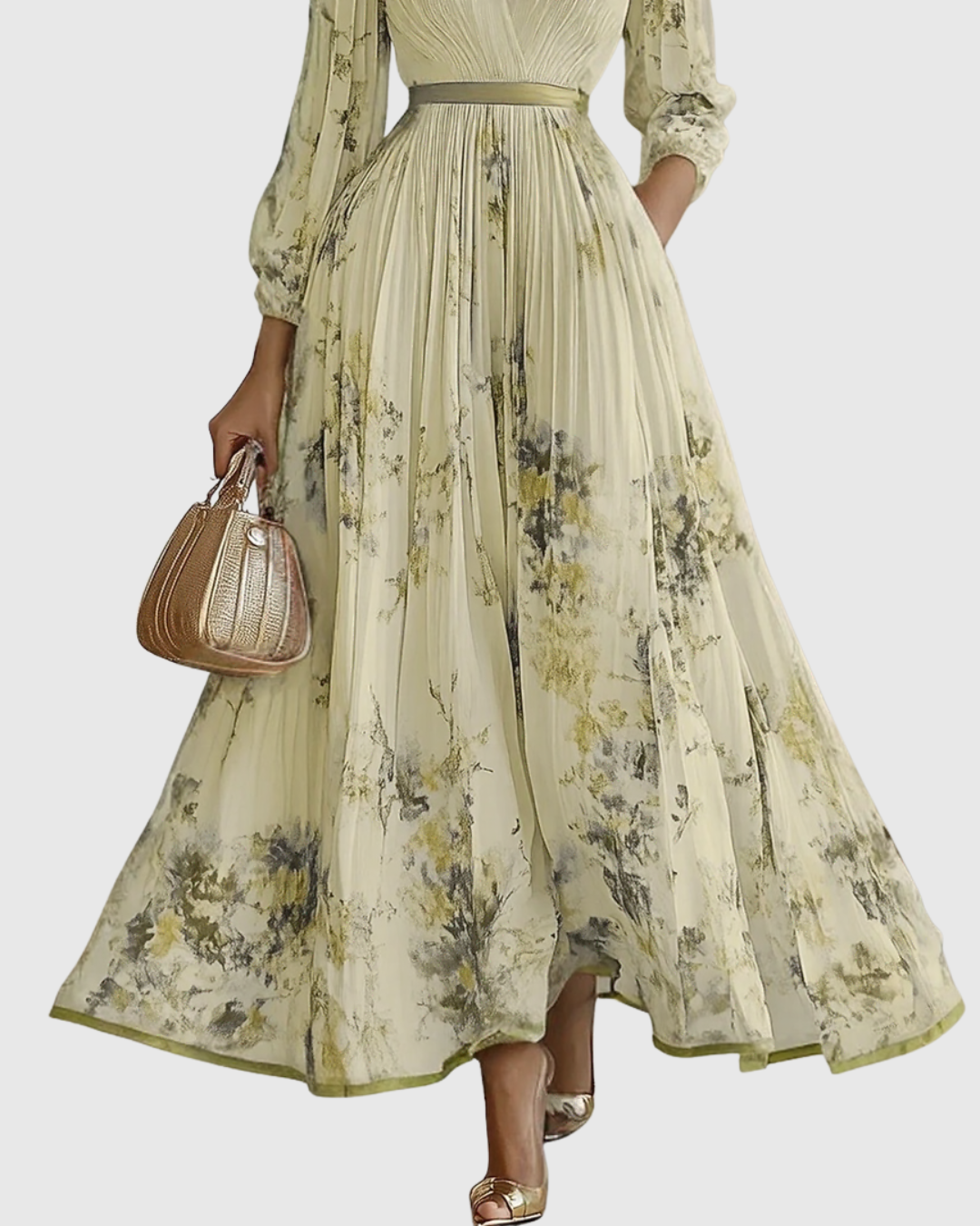 Women's Pleated Maxi Dress With A Deep V-neck And Print – An Elegant Dress For Parties, Weddings, And Special Occasions