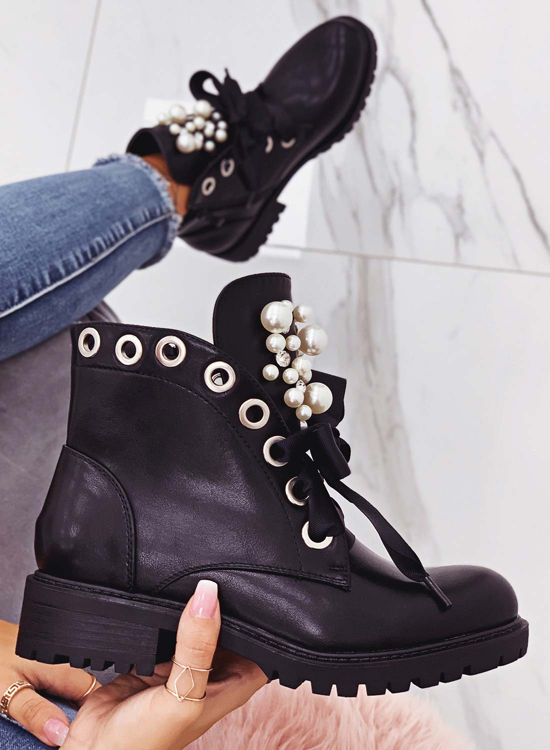 Immacolata - Women's Black Low Ankle Boots with Pearls and Stones