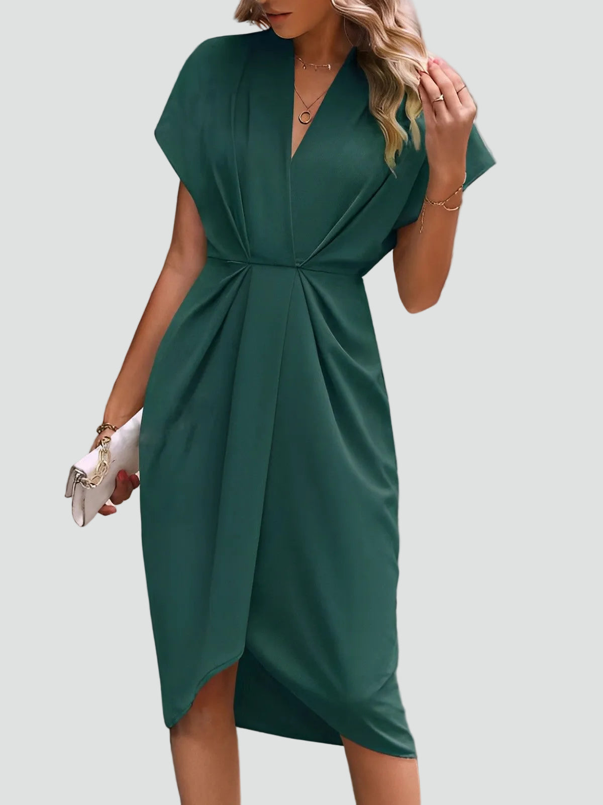 Women's Draped Midi Dress With A Deep V-neck And Slit – An Elegant Dress For Parties, Evening Wear, And Special Occasions