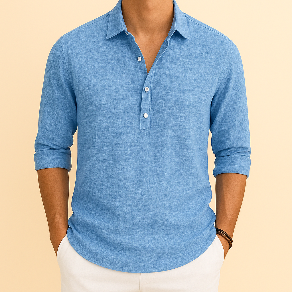 Men's Long-sleeve Polo Shirt With A Button Placket At The Neck—relaxed Fit For Comfortable Everyday Wear