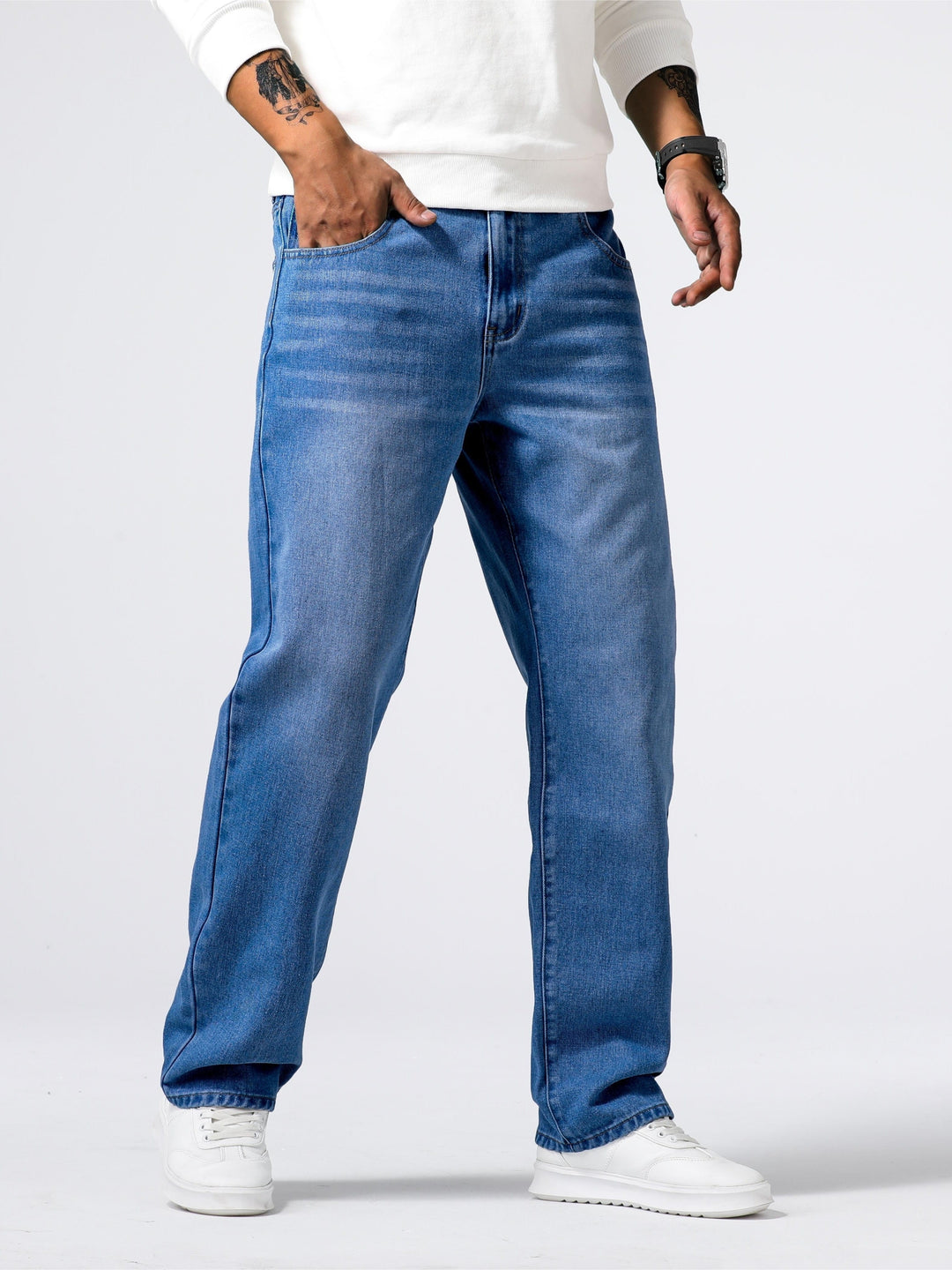 Men's Straight-leg Denim Jeans With A Washed Look – Classic Everyday Jeans For Leisure, Everyday Wear, And Casual Style