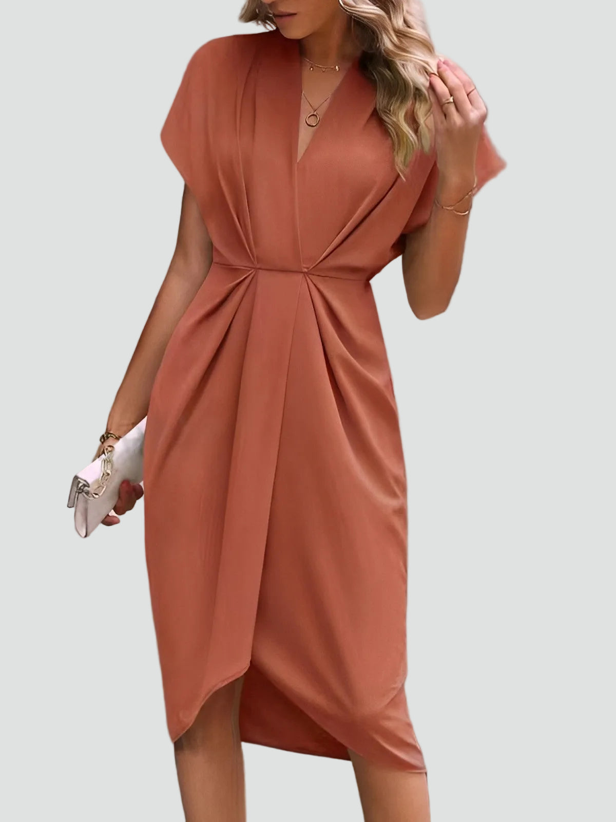 Women's Draped Midi Dress With A Deep V-neck And Slit – An Elegant Dress For Parties, Evening Wear, And Special Occasions