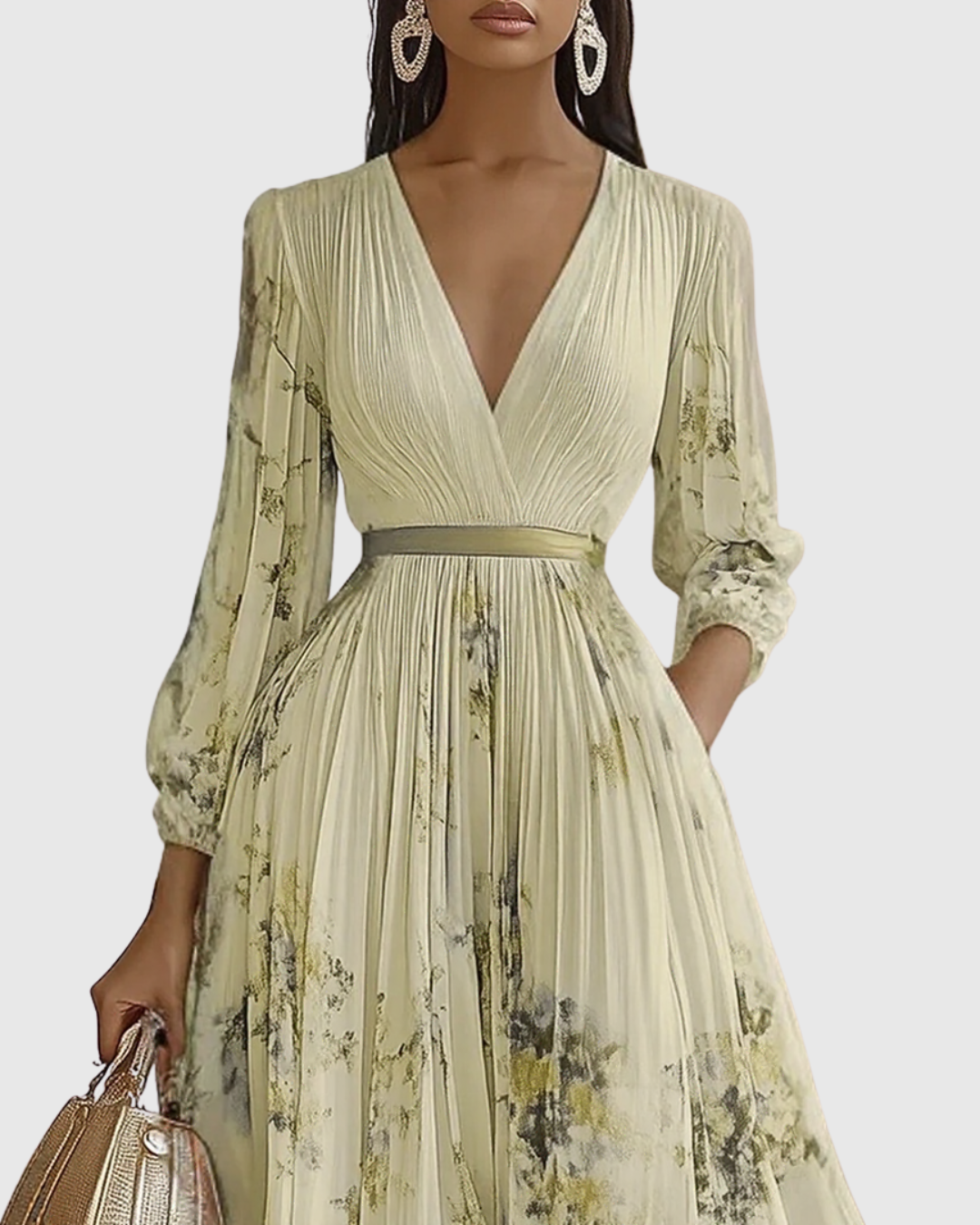 Women's Pleated Maxi Dress With A Deep V-neck And Print – An Elegant Dress For Parties, Weddings, And Special Occasions