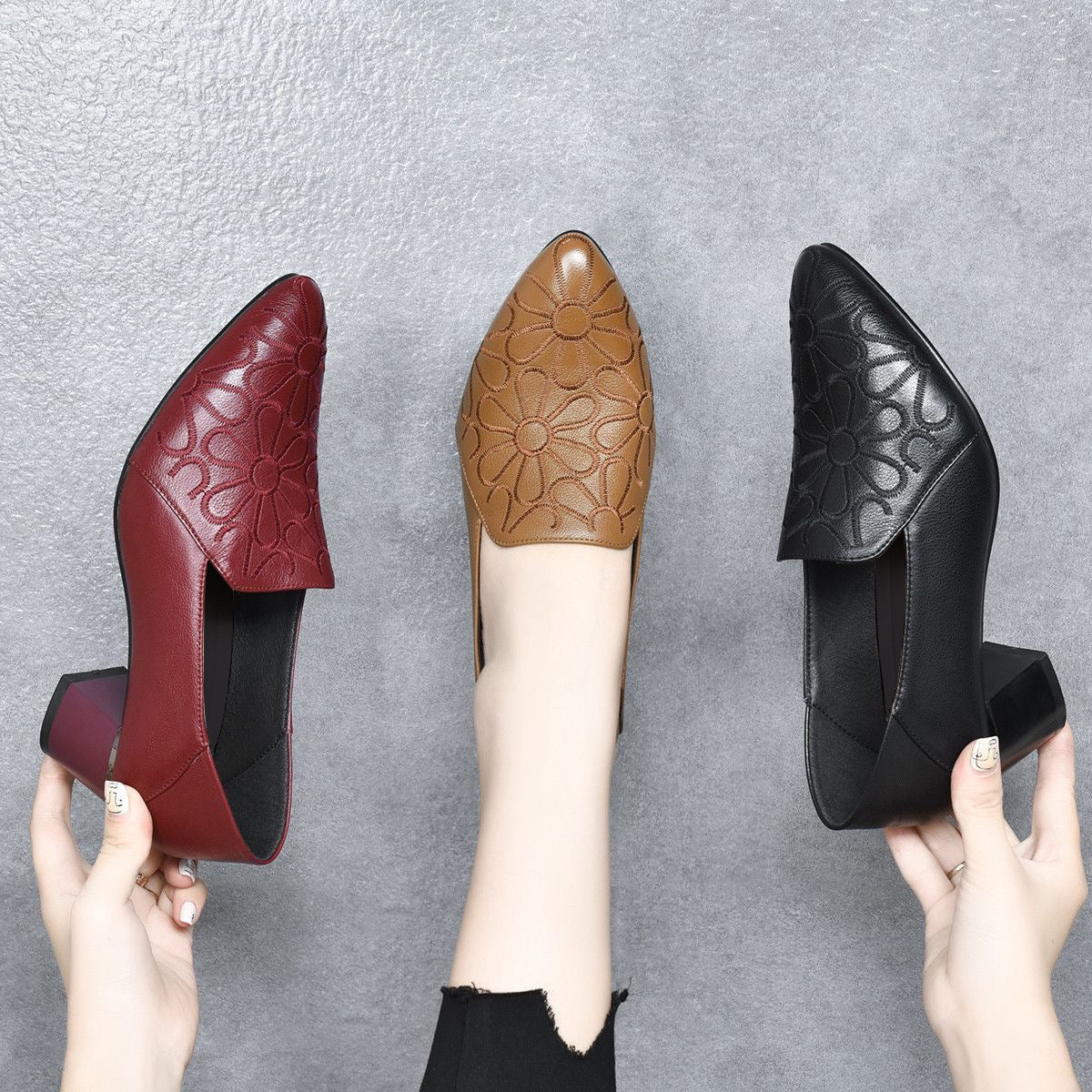 OLENE | SOFT VEGAN LEATHER EMBROIDERED PUMPS