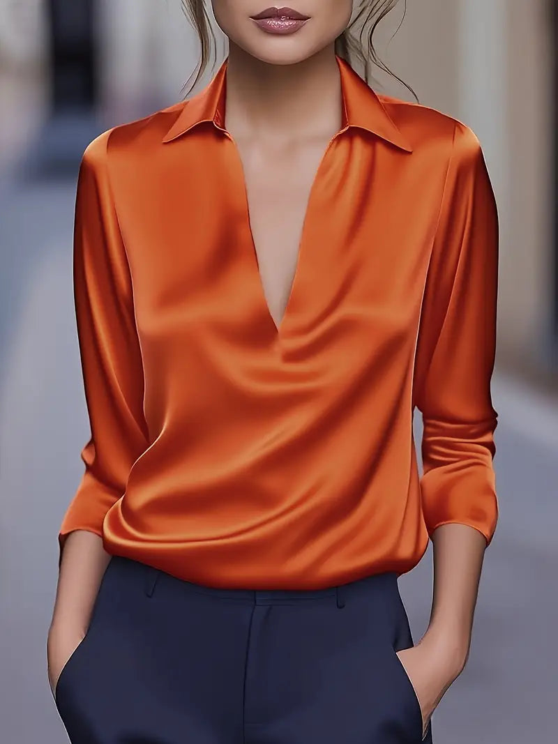 Women's Satin Blouse With A V-neck And Draped Collar – An Elegant Blouse For The Office, Parties, Evening Wear, And Smart-casual Styles