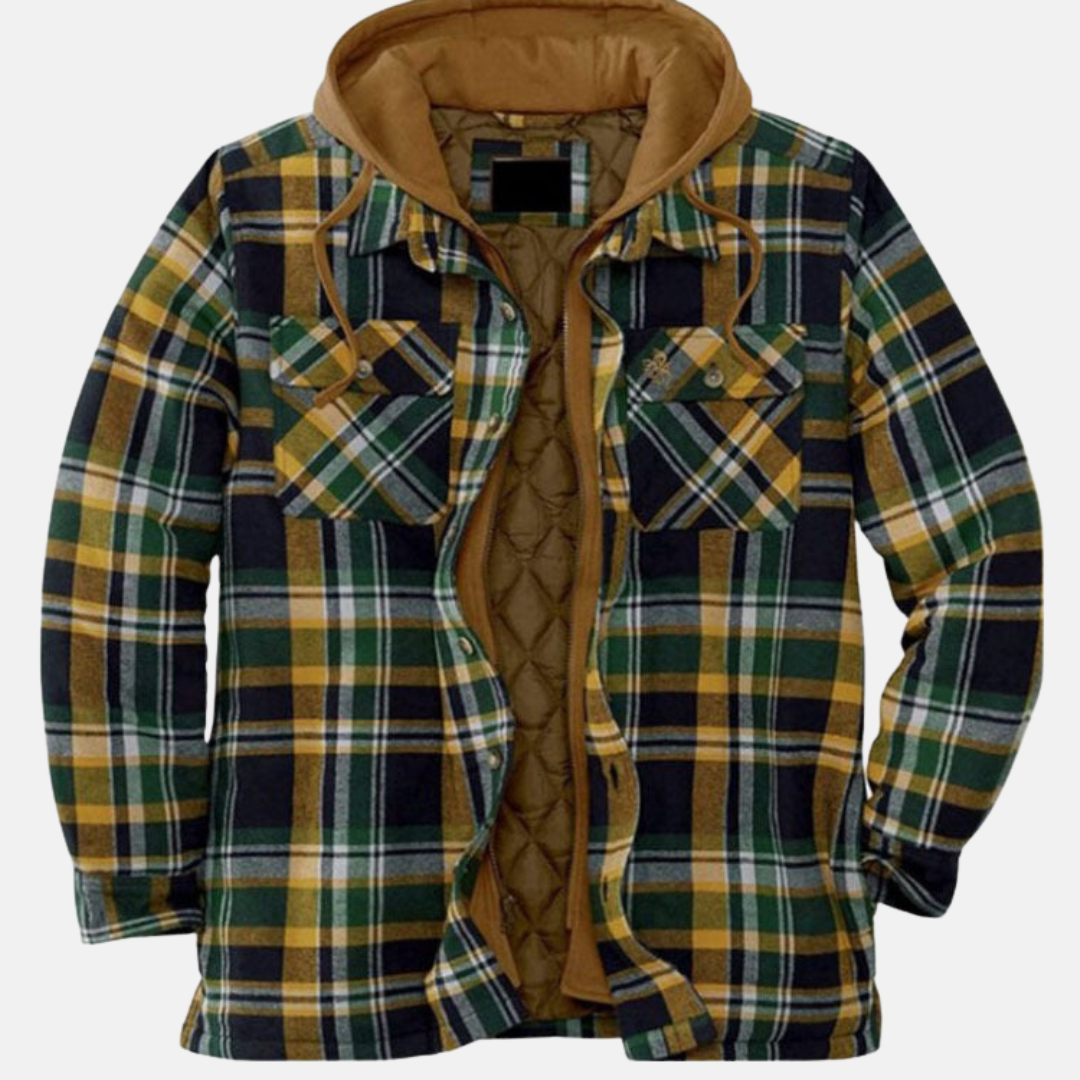 Men's Warm Hooded Overshirt Jacket With A Print And Quilted Design—practical Outerwear For Outdoor Use And Casual Everyday Style