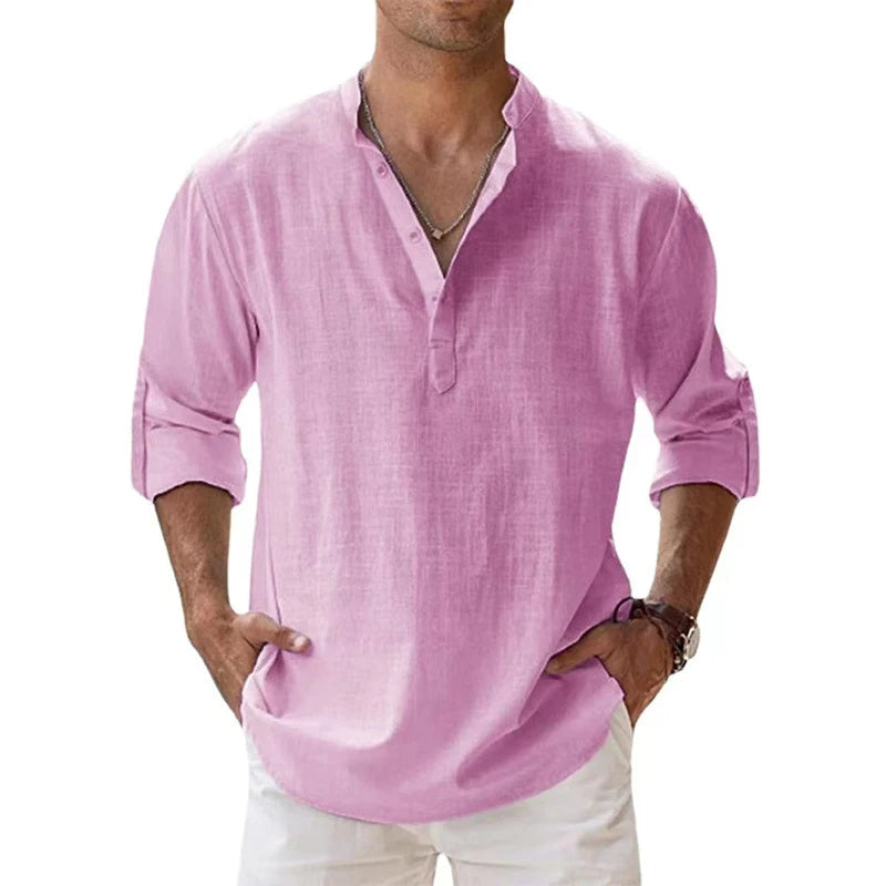 Men's Linen Henley Shirt - Relaxed Fit Summer Button-neck Top For Casual Wear