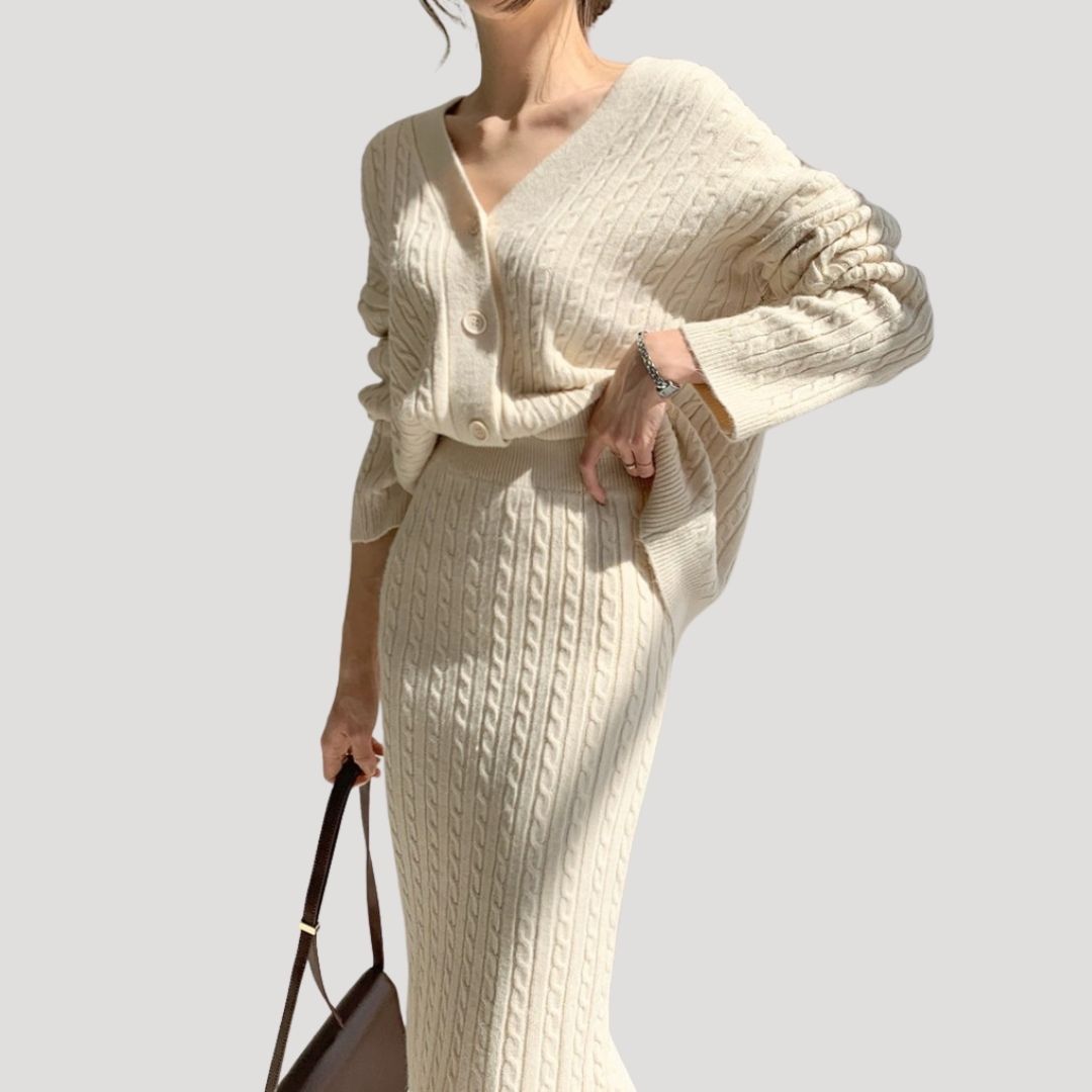 Primavera – Women's Knitwear Set with Midi Skirt and Cardigan