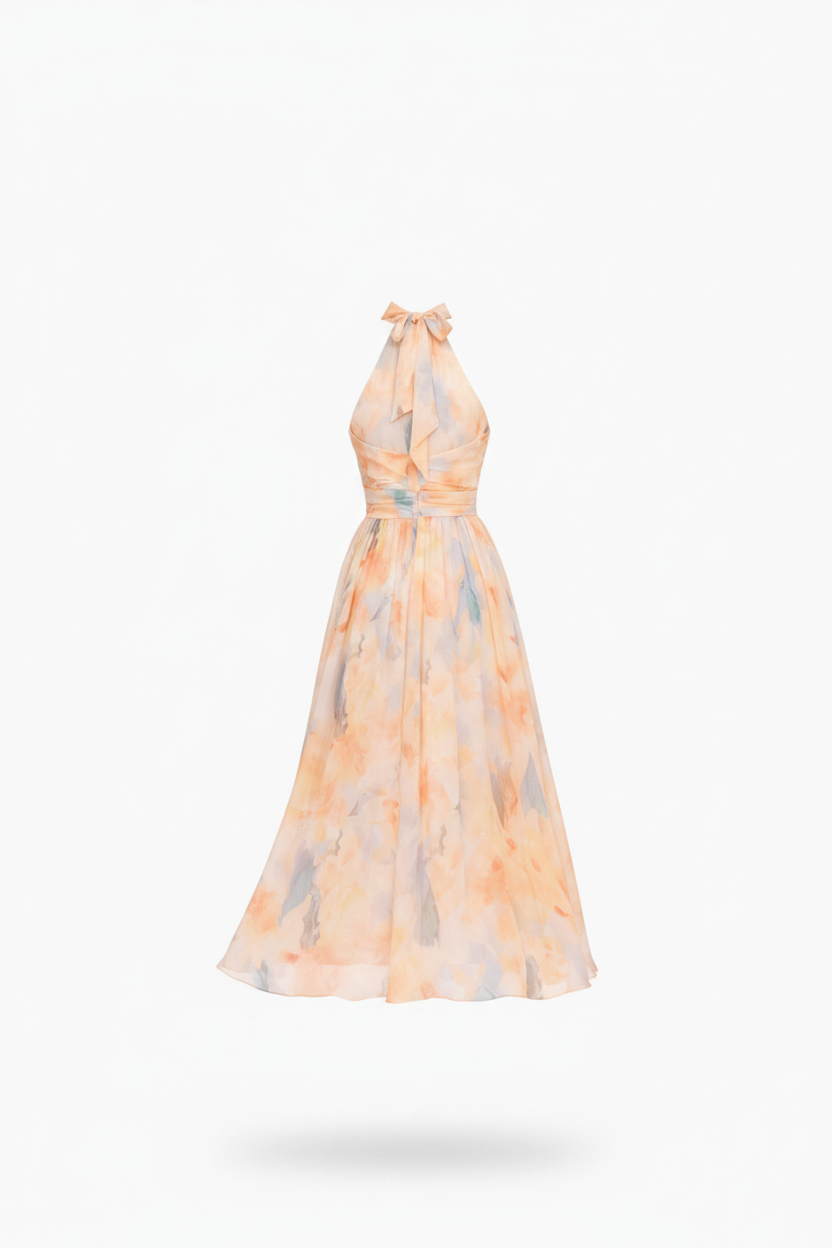 Women's Printed Halterneck Midi Dress - Flowing Elegant Style For Weddings And Special Occasions