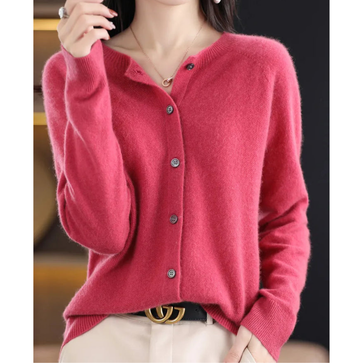 Women's Merino Wool and Cashmere Cardigan - Elegant O-Neck Winter Knit Layering Cardigan