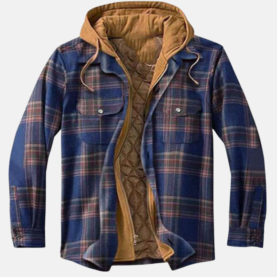 Men's Warm Hooded Overshirt Jacket With A Print And Quilted Design—practical Outerwear For Outdoor Use And Casual Everyday Style