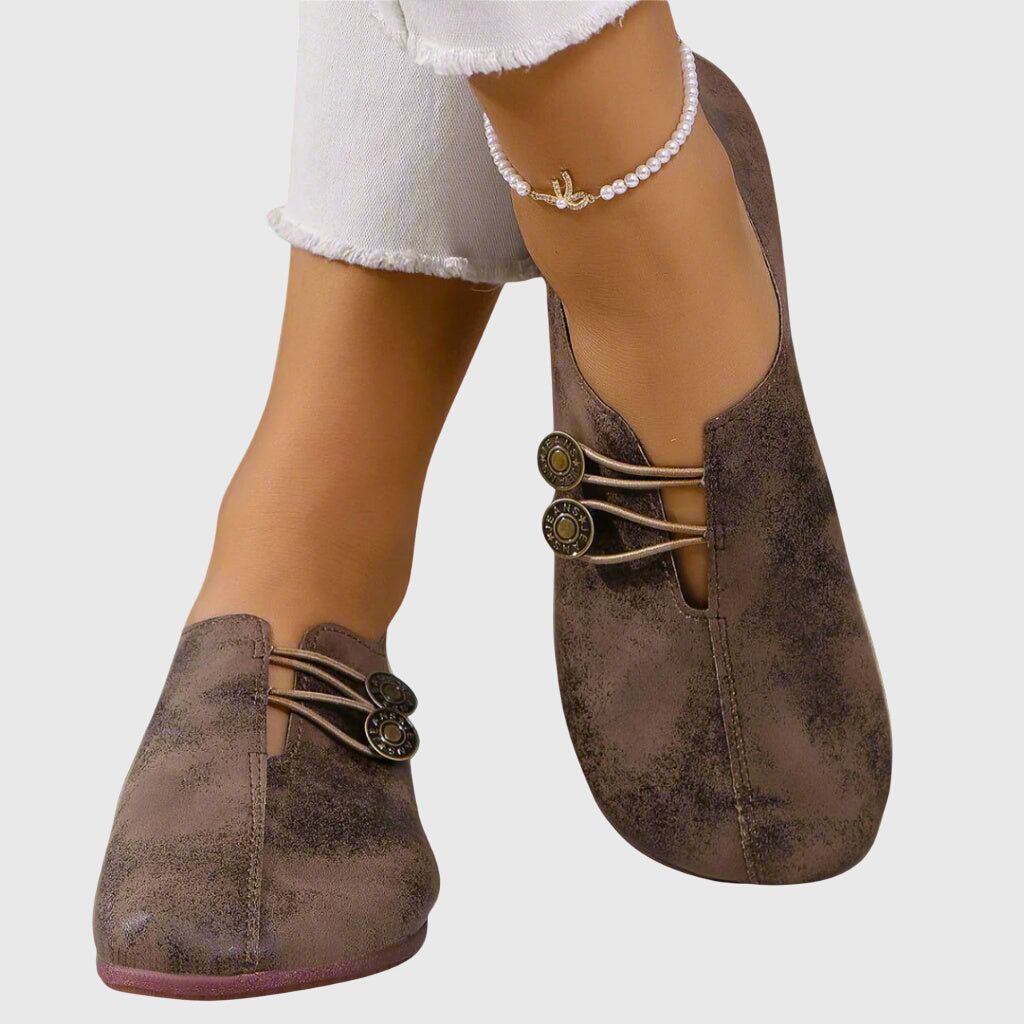 Mila | Women Brown Vintage Button Slip-On Flats