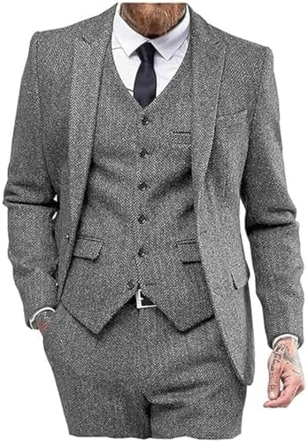 Men's 3-piece Suit In Herringbone Tweed – Classic Tailored Suit Set For Weddings, Parties, And Formal Occasions