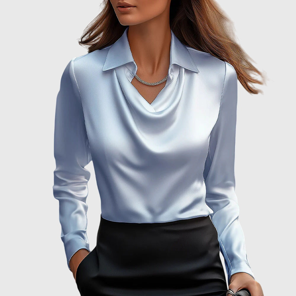 Women's Satin Blouse With A Cowl Neck, Collar, And Long Sleeves – An Elegant Blouse For The Office, Evening Wear, And Smart-casual Styles