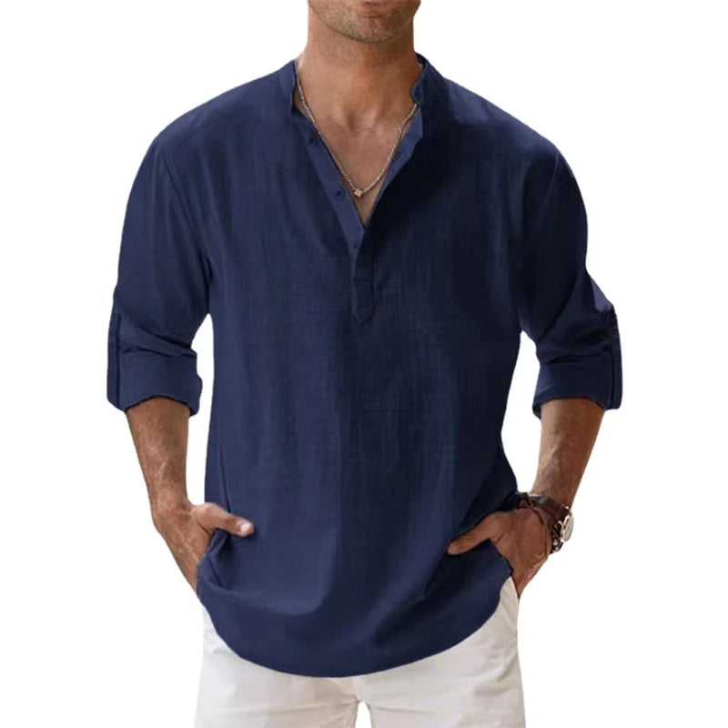 Men's Linen Henley Shirt - Relaxed Fit Summer Button-neck Top For Casual Wear