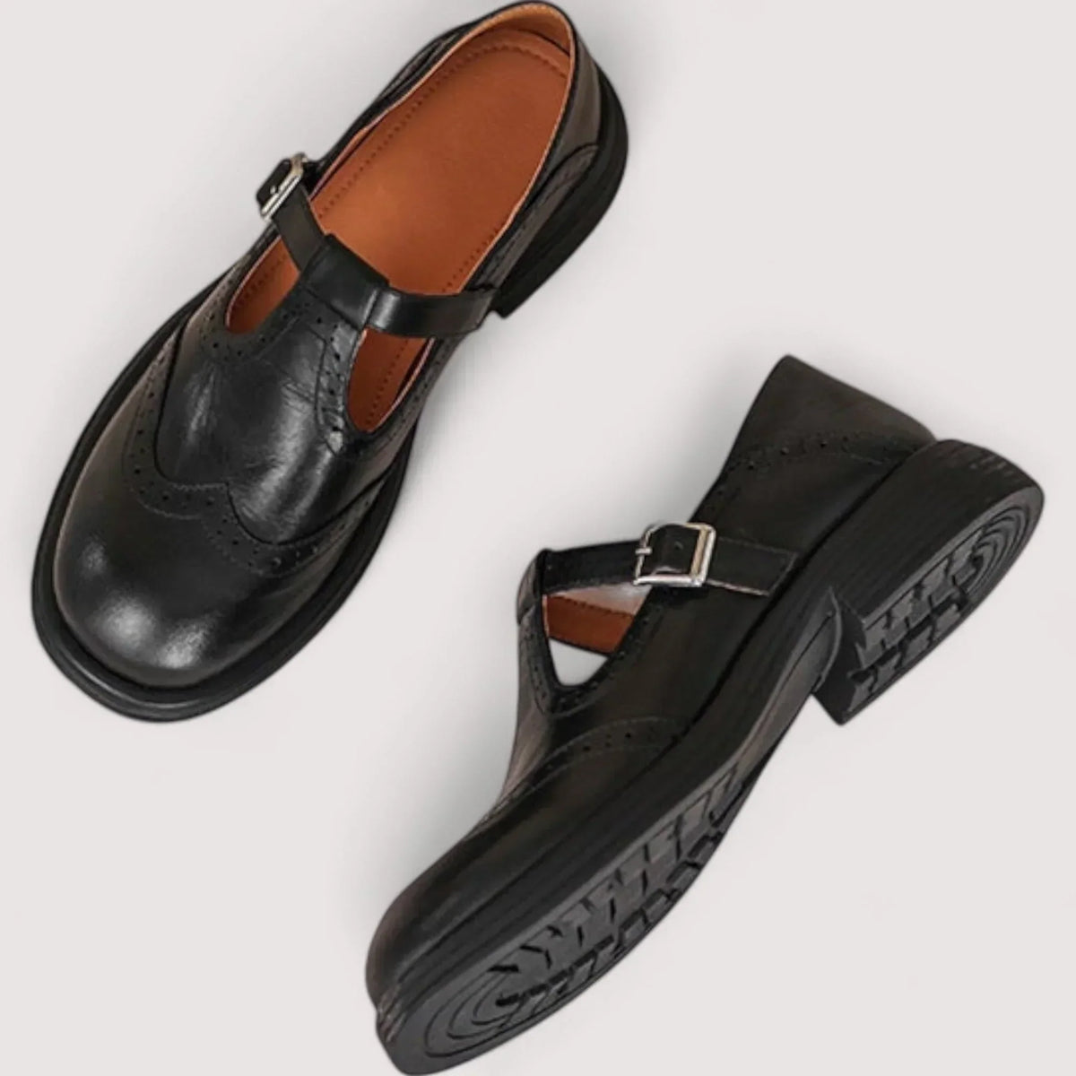 Women's T-bar Brogue Shoes With Buckle And Round Toe – Flat Shoes For The Office, Everyday Wear, And Smart-casual Style
