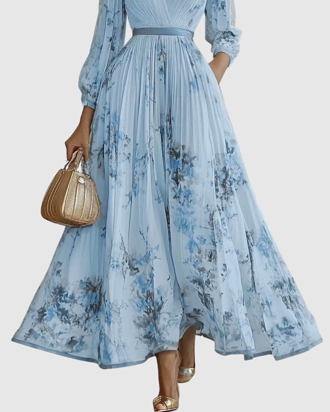 Women's Pleated Maxi Dress With A Deep V-neck And Print – An Elegant Dress For Parties, Weddings, And Special Occasions
