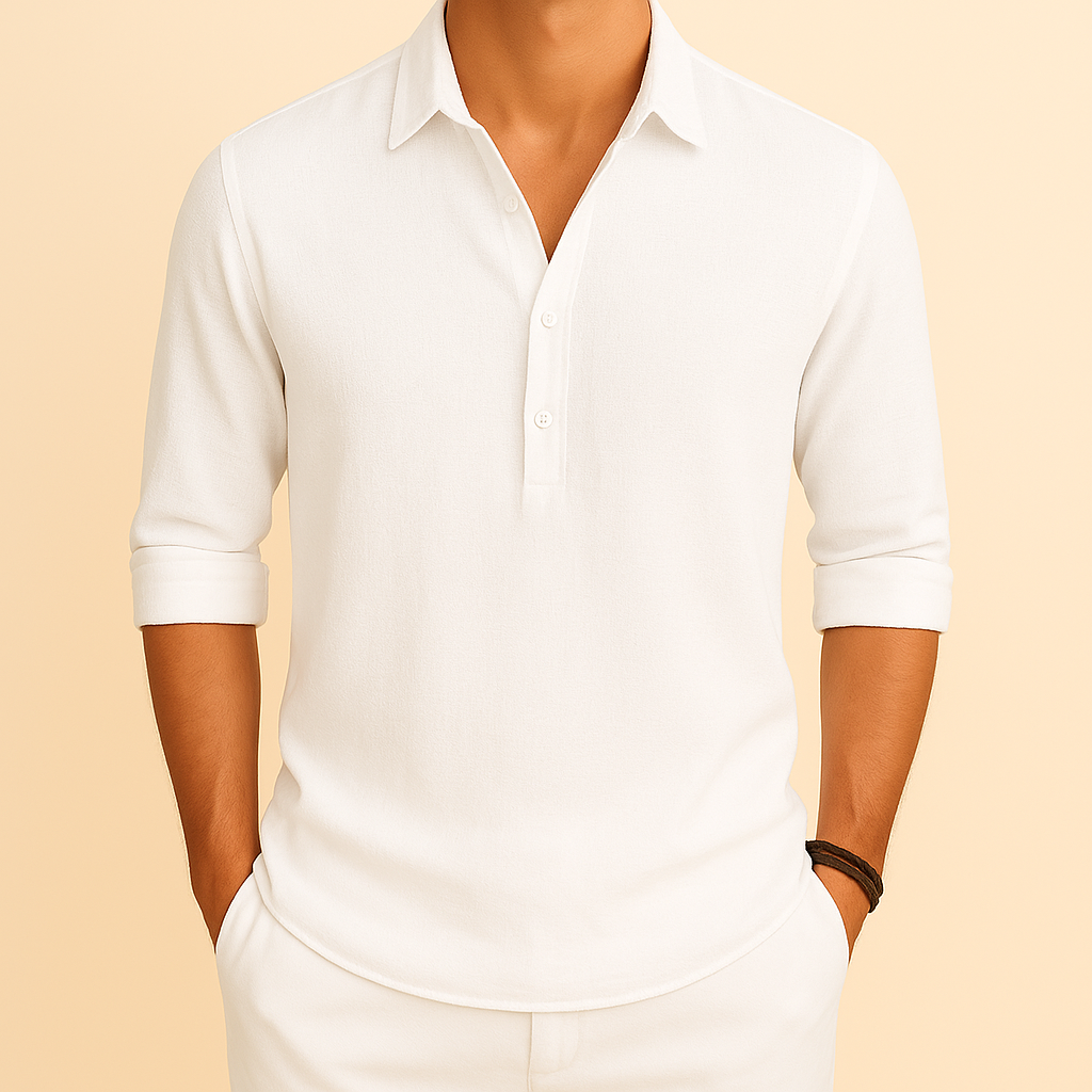 Men's Long-sleeve Polo Shirt With A Button Placket At The Neck—relaxed Fit For Comfortable Everyday Wear