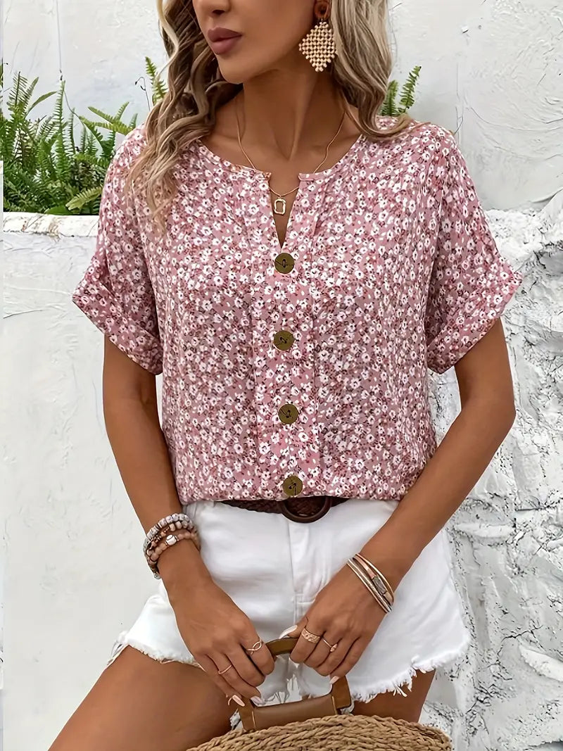Lena | Women Relaxed Fit Floral Short Sleeve Summer Blouse
