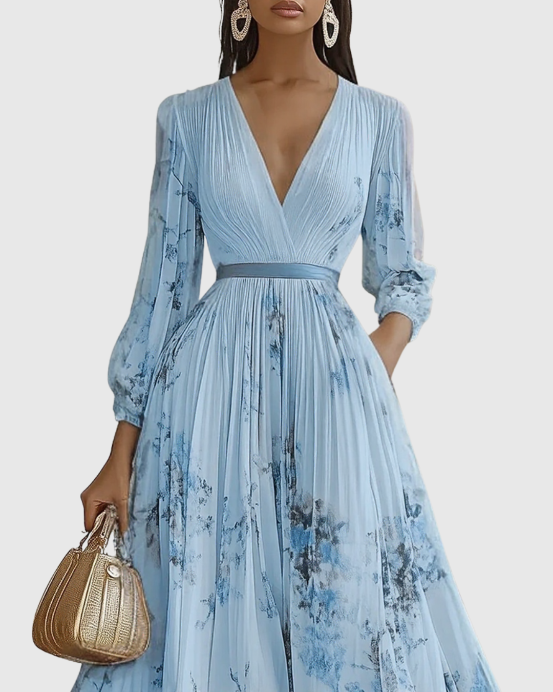 Women's Pleated Maxi Dress With A Deep V-neck And Print – An Elegant Dress For Parties, Weddings, And Special Occasions