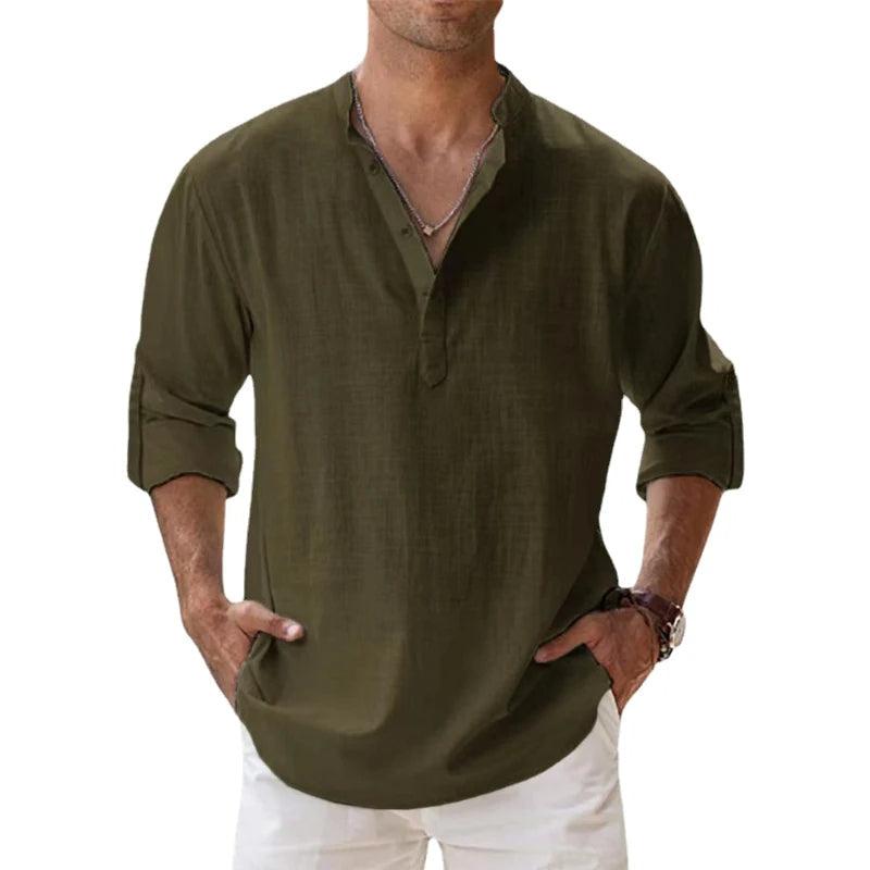 Men's Linen Henley Shirt - Relaxed Fit Summer Button-neck Top For Casual Wear