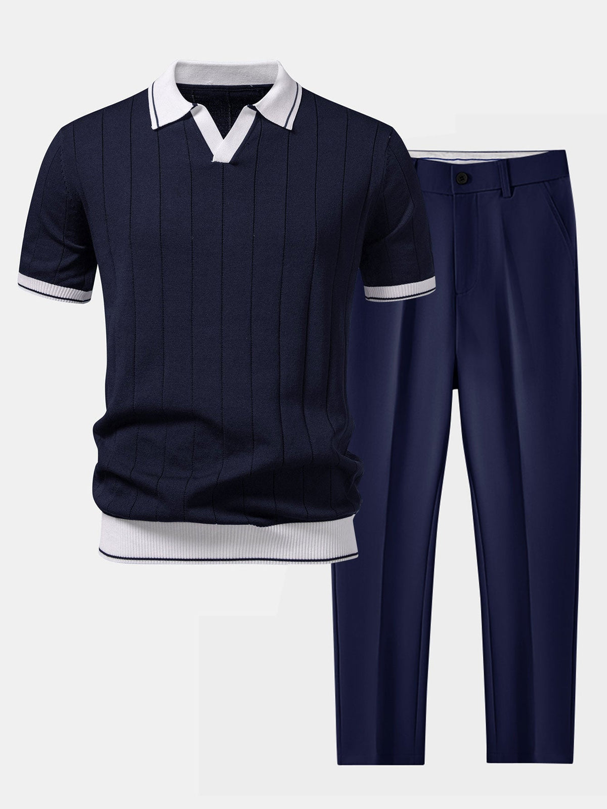 Men's Knit Polo And Tapered Trousers Set - Smart Casual Co-ord With Contrast Trim For Everyday Wear
