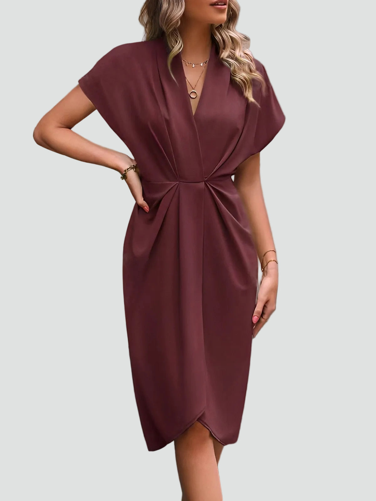 Women's Draped Midi Dress With A Deep V-neck And Slit – An Elegant Dress For Parties, Evening Wear, And Special Occasions