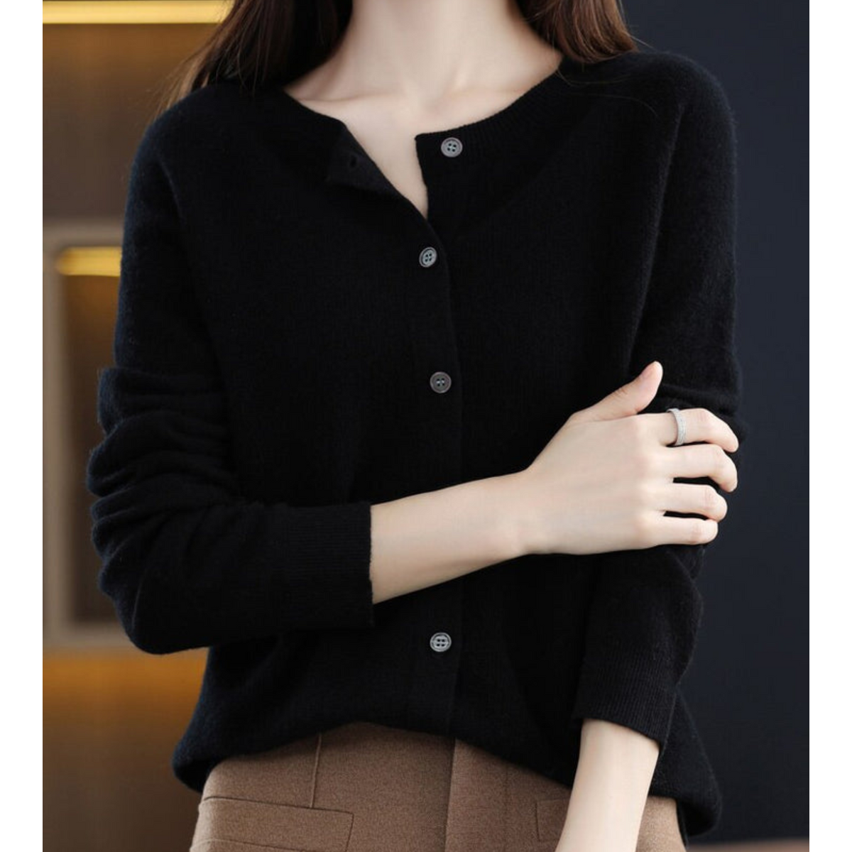 Women's Merino Wool and Cashmere Cardigan - Elegant O-Neck Winter Knit Layering Cardigan
