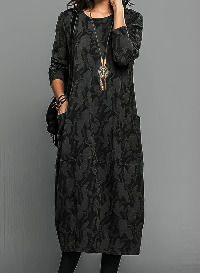 Women's Casual Midi Dress With A Print, Long Sleeves, And Pockets – An Elegant Guest Dress For Weddings, Parties, And Special Occasions