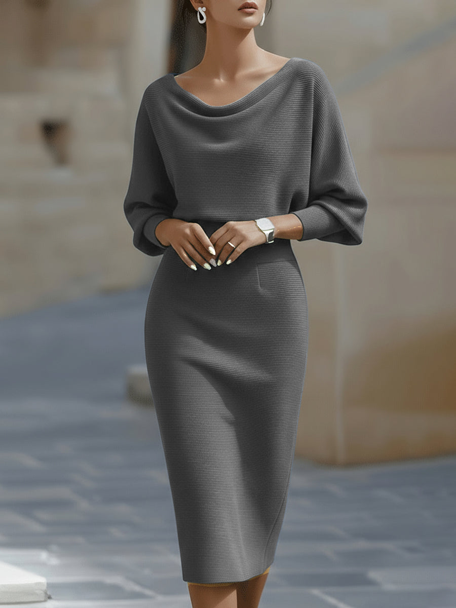 Women's Fitted Midi Dress With A Draped Neckline And Batwing Sleeves – An Elegant Dress For Parties, Evening Wear, And Special Occasions