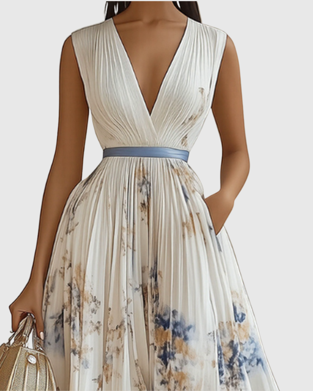 Women's Pleated Maxi Dress With A Deep V-neck And Print – An Elegant Dress For Parties, Weddings, And Special Occasions