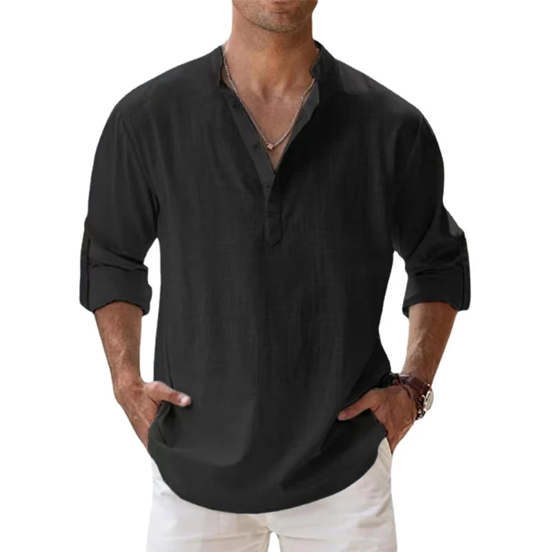 Men's Linen Henley Shirt - Relaxed Fit Summer Button-neck Top For Casual Wear