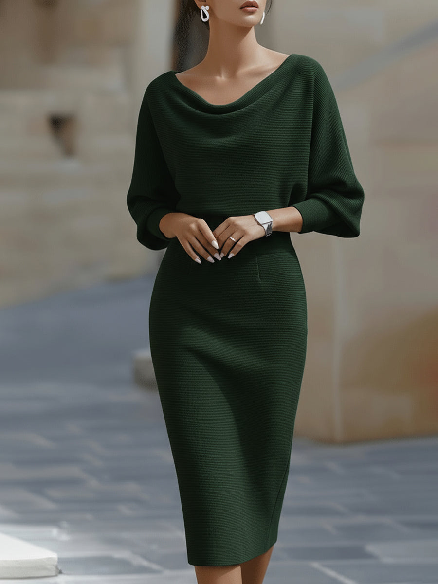 Women's Fitted Midi Dress With A Draped Neckline And Batwing Sleeves – An Elegant Dress For Parties, Evening Wear, And Special Occasions