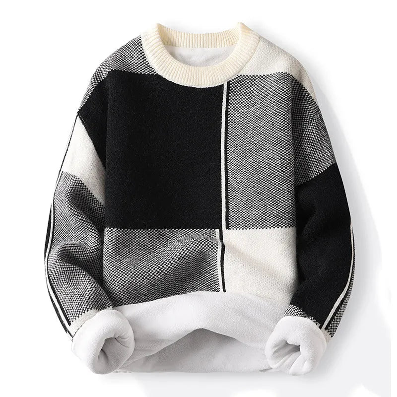 Men’s Modern Patchwork Knit Sweater – Crewneck Spring Pullover