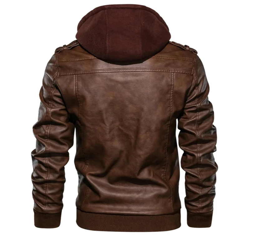 Men's Faux-leather Utility Jacket With A Hood And Multiple Pockets—practical Outerwear For Everyday Use And Casual Outdoor Activities